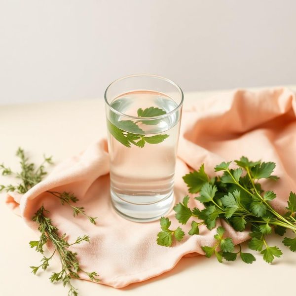 كوب ماء وأعشاب طازجة على طاولة دافئة